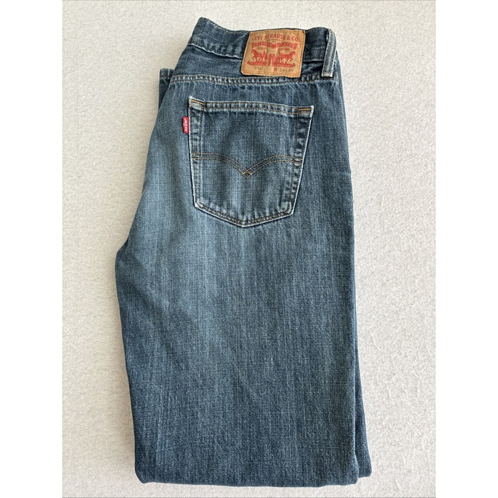 Levi's 514 Straight Fit Jeans Mens 34x34 Dark Wash Faded Blue Whiskering Denim